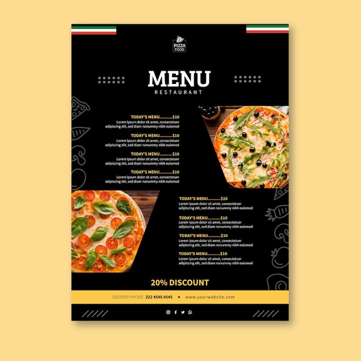 Vettore gratuito modello di menu del ristorante pizzeria