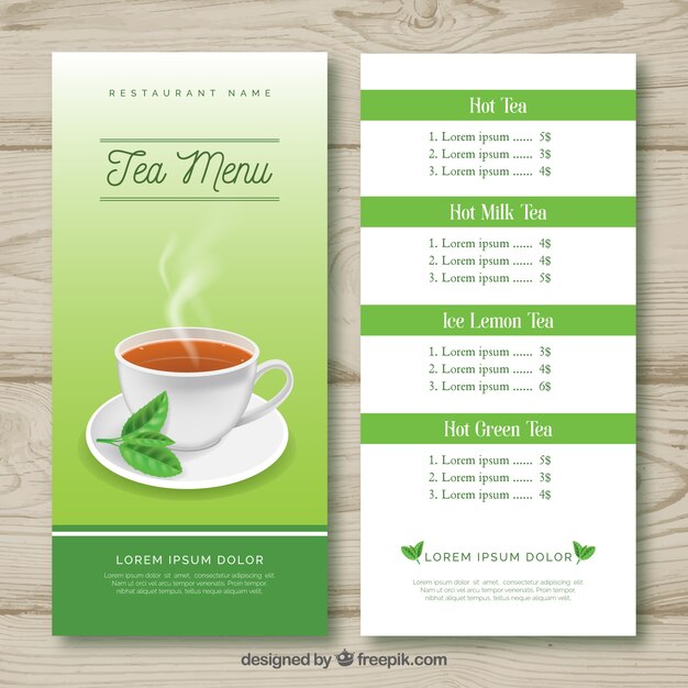 Modello di menu del tè con lista delle bevande