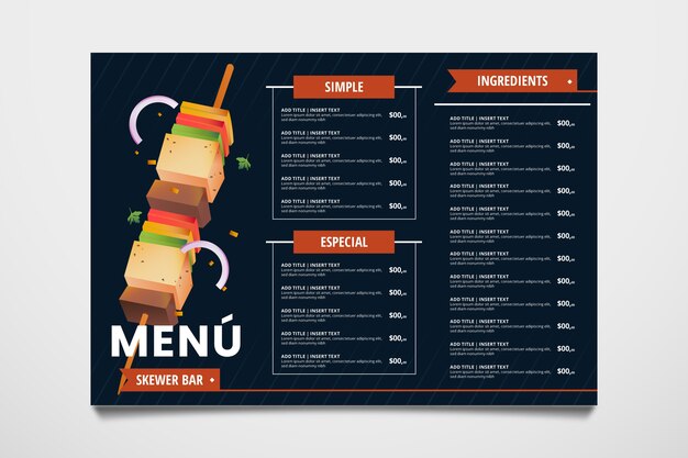 Modello di menu della barra degli spiedini a gradiente piatto