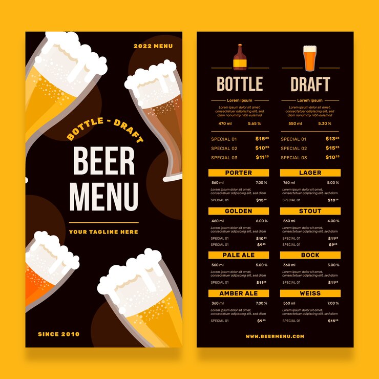 Vettore gratuito modello di menu della birra dal design piatto