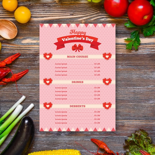 Modello di menu design piatto di San Valentino