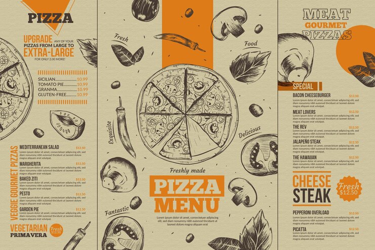 Vettore gratuito modello di menu di cibo per uso digitale con illustrazioni