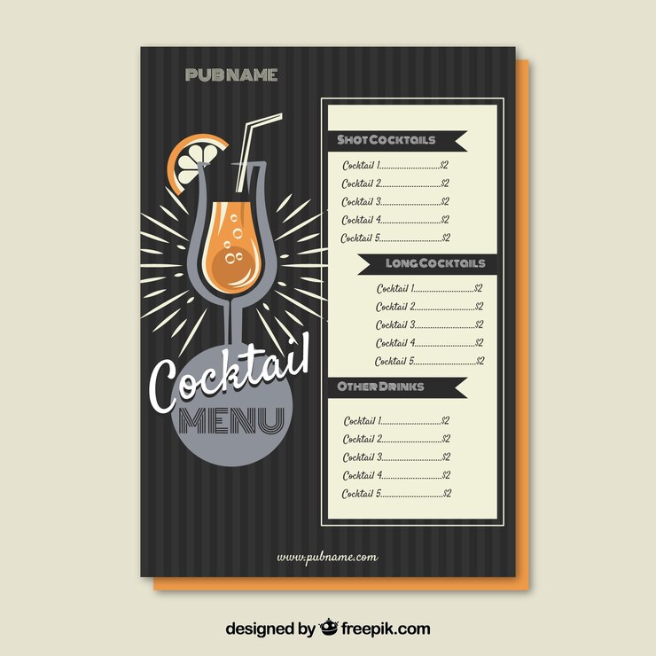 Vettore gratuito modello di menu di cocktail in stile piano