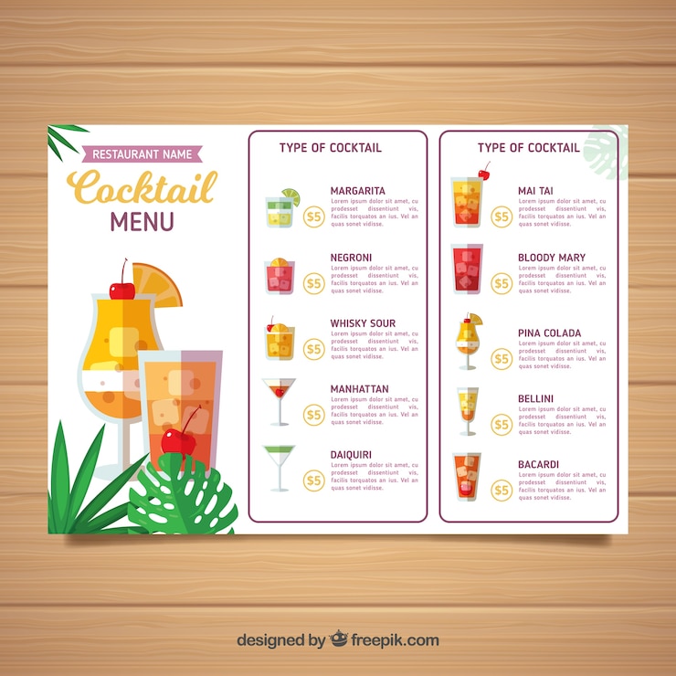Vettore gratuito modello di menu di cocktail