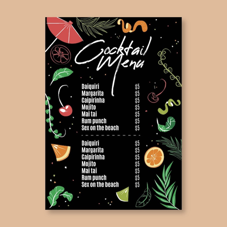 Vettore gratuito modello di menu di cocktail