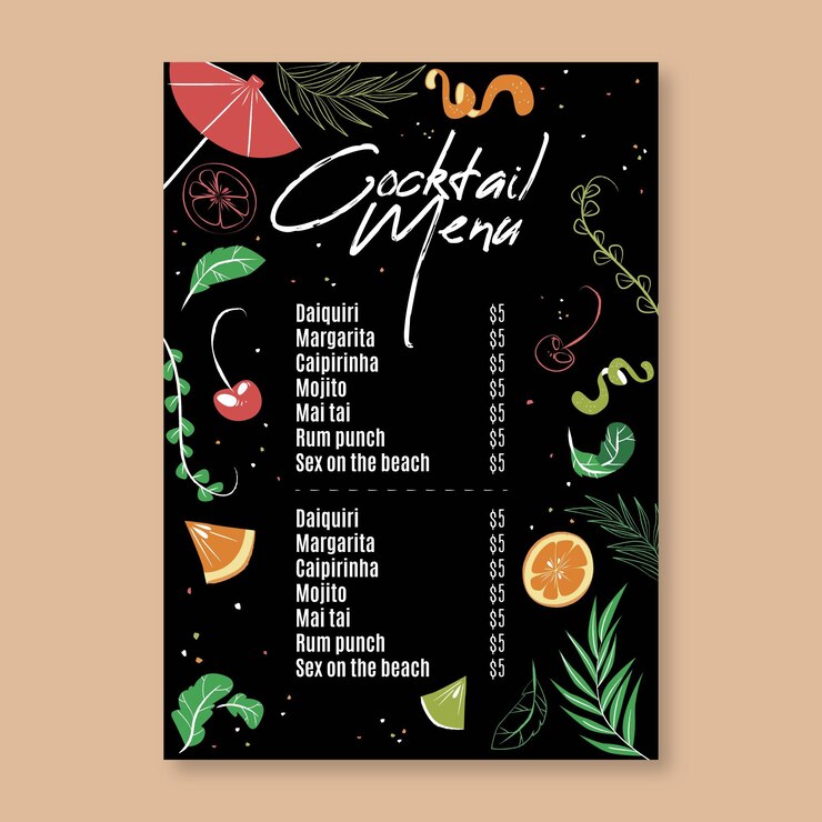 Vettore gratuito modello di menu di cocktail