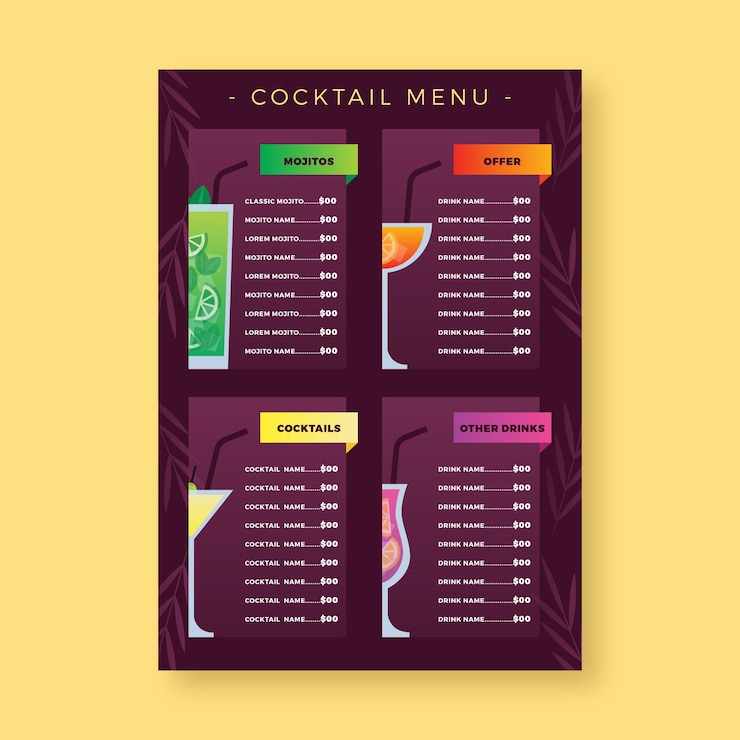 Vettore gratuito modello di menu di cocktail