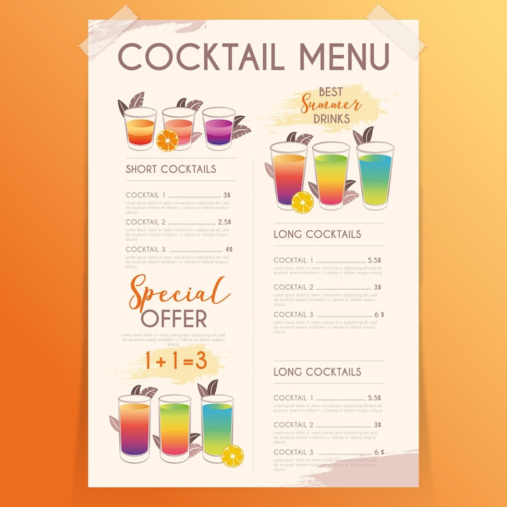 Vettore gratuito modello di menu di cocktail