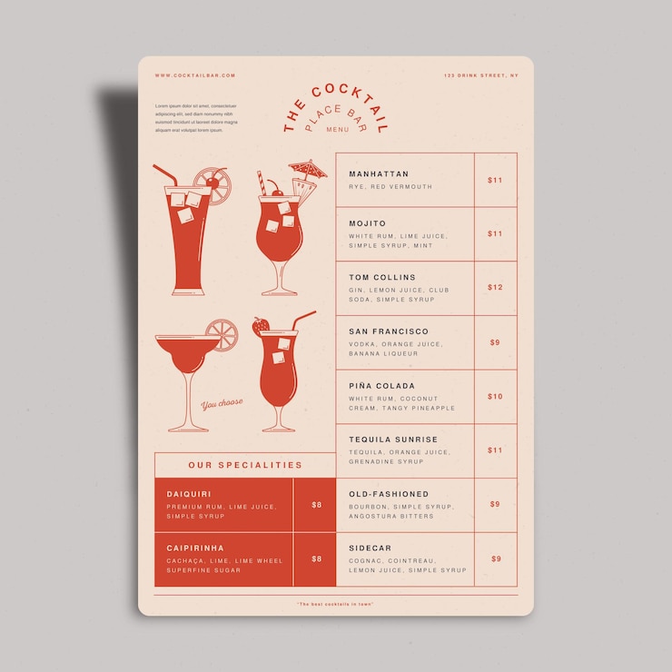 Vettore gratuito modello di menu di cocktail