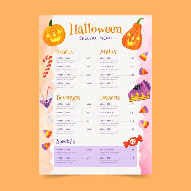 Modello di menu di halloween ad acquerello