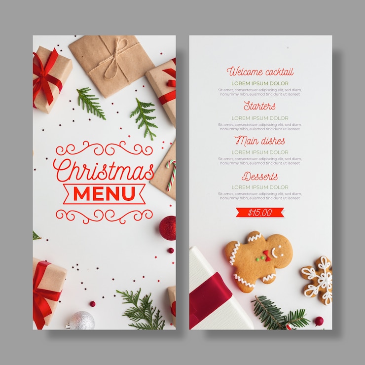 Vettore gratuito modello di menu di natale con set di foto