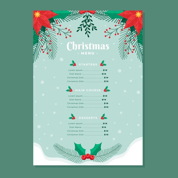 Modello di menu di natale design piatto