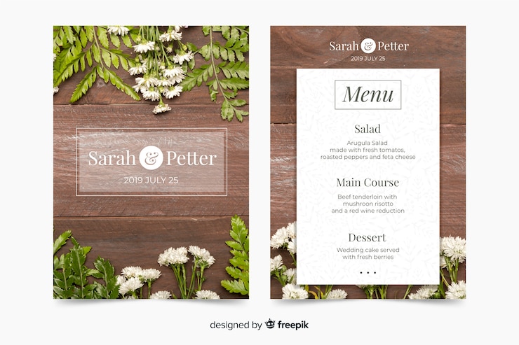 Vettore gratuito modello di menu di nozze con foto