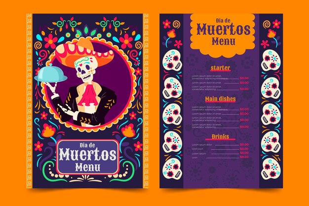 Modello di menu dia de muertos piatto disegnato a mano