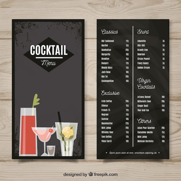 Modello di menu disegnato a mano nera per cocktail