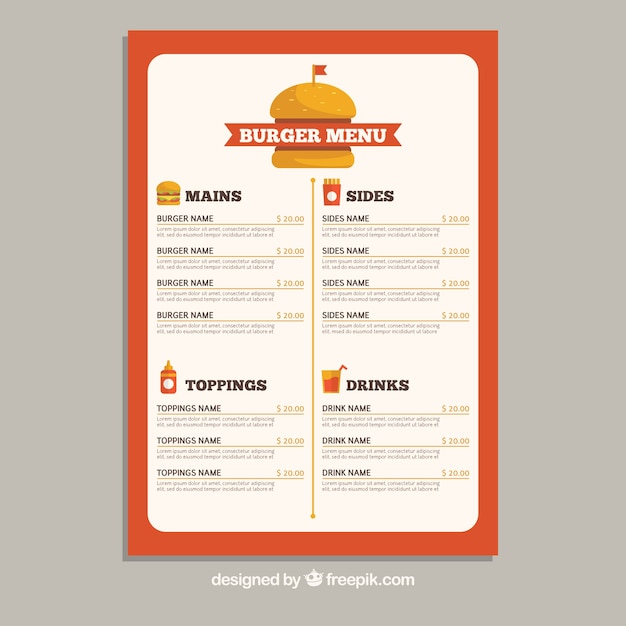 Modello di menu fast food in design piatto