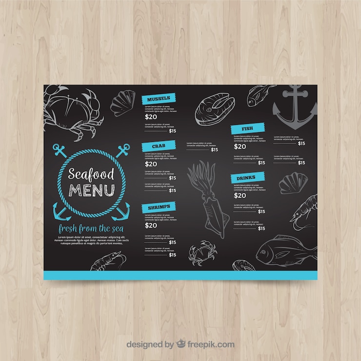 Vettore gratuito modello di menu in stile gesso con elementi blu