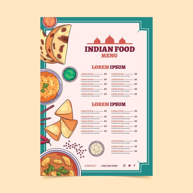 Modello di menu indiano disegnato a mano