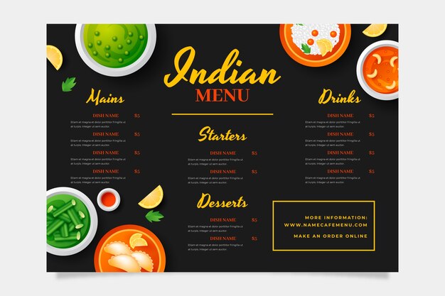 Modello di menu indiano realistico