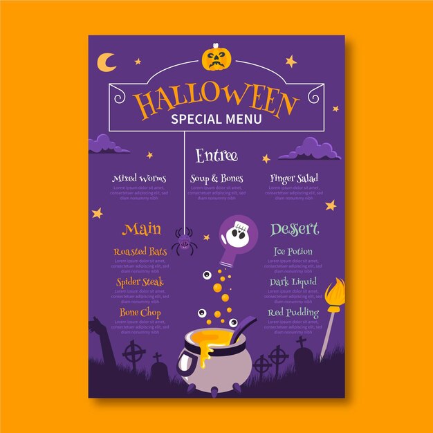 Modello di menu piatto di halloween disegnato a mano