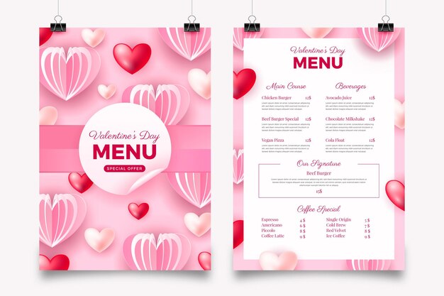 Modello di menu realistico di San Valentino