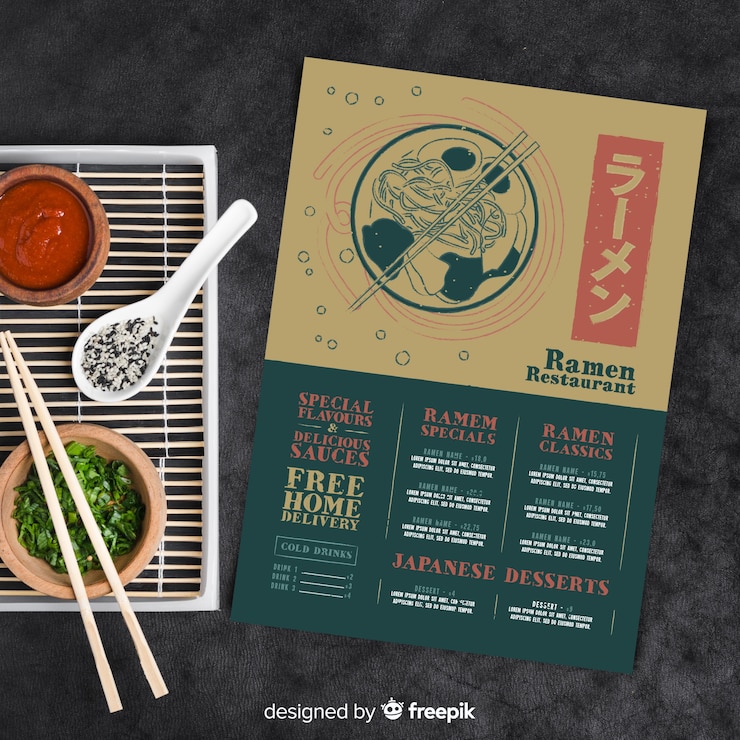 Vettore gratuito modello di menu ristorante con foto