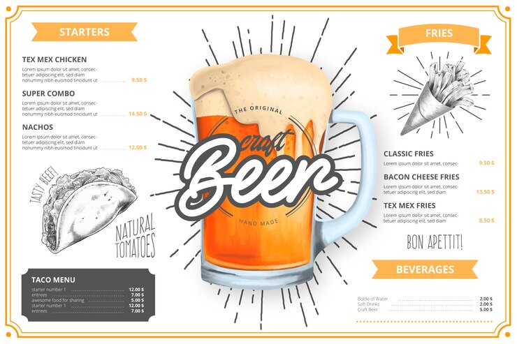 Vettore gratuito modello di menu ristorante con illustrazione di birra artigianale