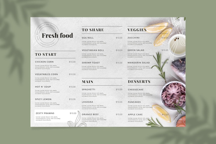 Vettore gratuito modello di menu ristorante rustico disegnato a mano incisione con foto