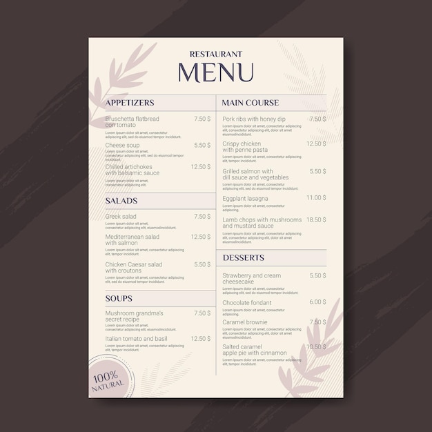 Modello di menu ristorante rustico piatto