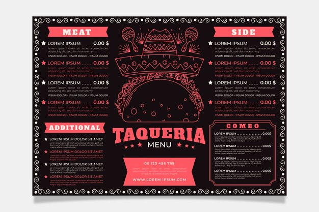 Modello di menu taqueria disegnato a mano