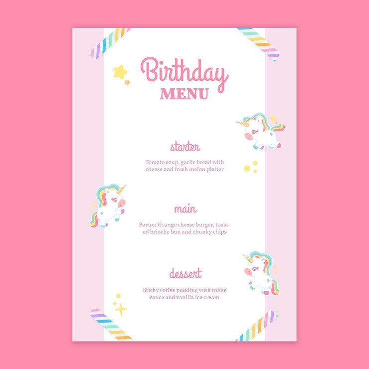 Vettore gratuito modello di menu verticale di compleanno per bambini unicorno