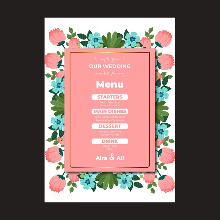 Vettore gratuito modello di menu verticale di matrimonio floreale