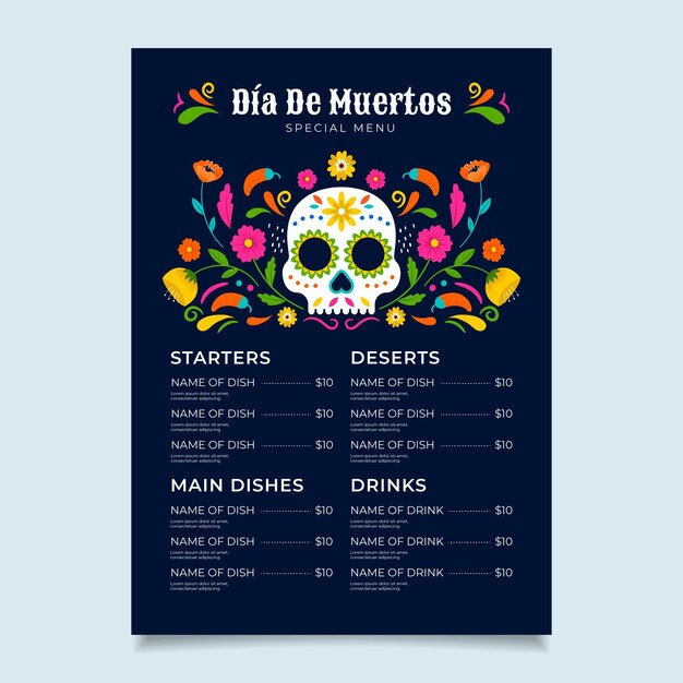 Modello di menu verticale dia de muertos disegnato a mano