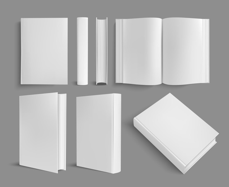 Modello di mockup di libro realistico con varie viste laterali di libri aperti e chiusi con illustrazione vettoriale di pagine vuote