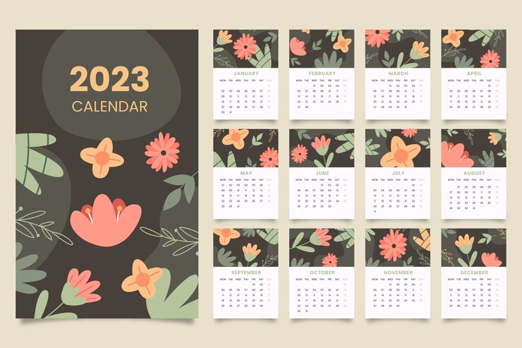 Vettore gratuito modello di modello di calendario mensile piatto 2023