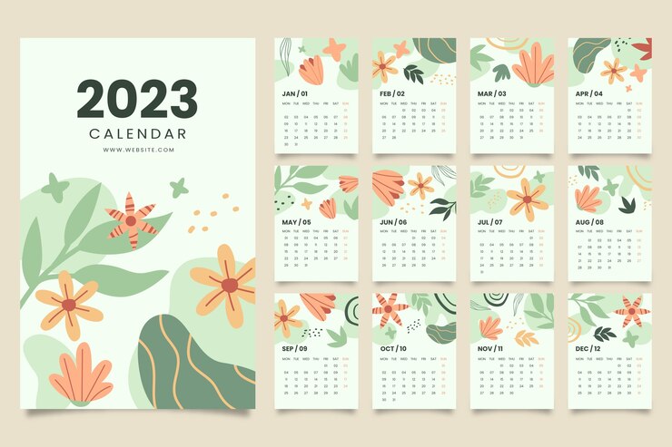Vettore gratuito modello di modello di calendario mensile piatto 2023