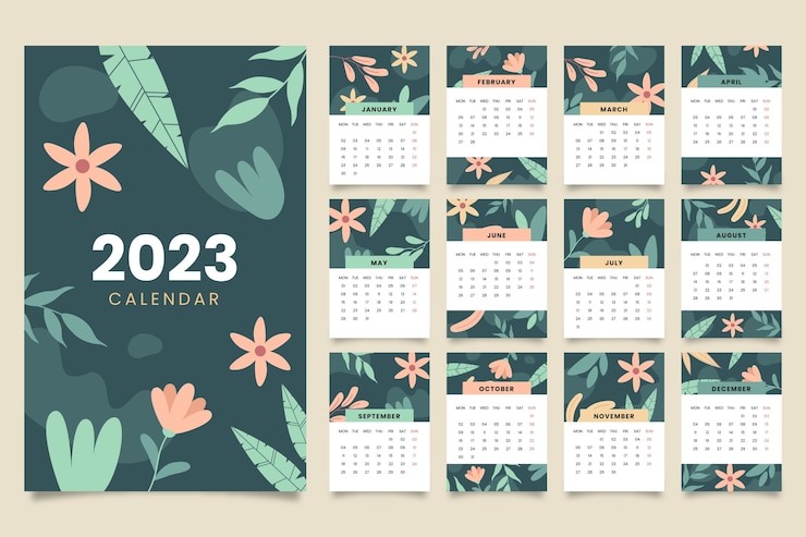 Vettore gratuito modello di modello di calendario mensile piatto 2023