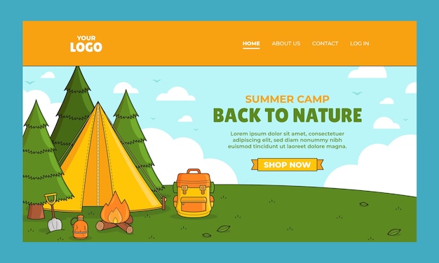 Modello di pagina di destinazione del campeggio estivo disegnato a mano