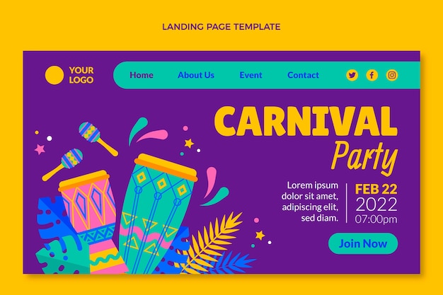 Modello di pagina di destinazione del carnevale piatto