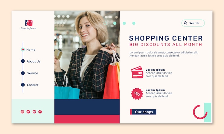 Vettore gratuito modello di pagina di destinazione del centro commerciale dal design piatto