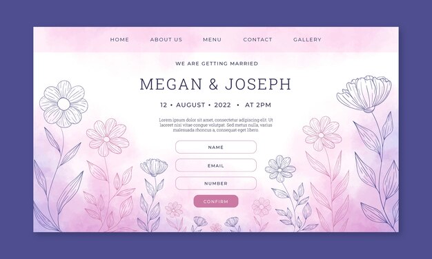 Modello di pagina di destinazione del matrimonio floreale disegnato a mano