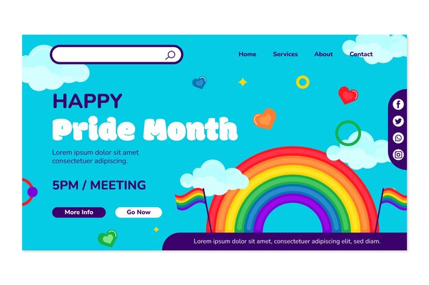 Modello di pagina di destinazione del mese dell'orgoglio piatto con arcobaleno