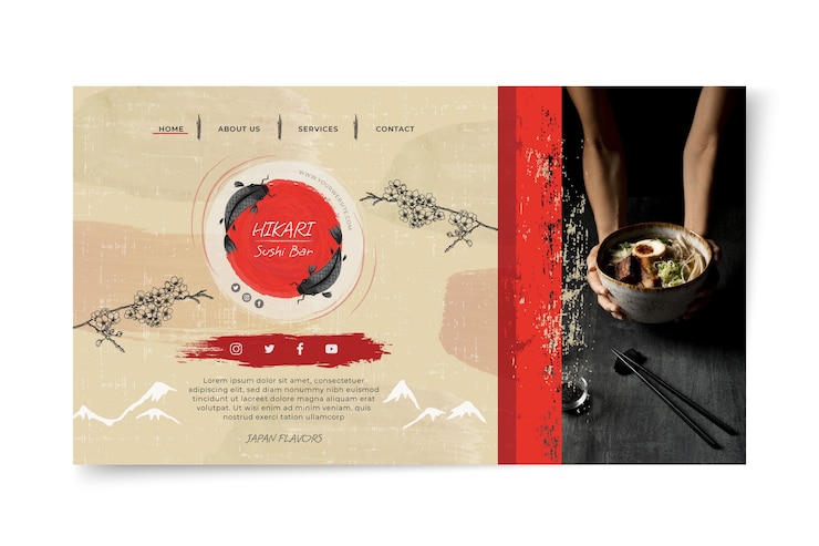 Vettore gratuito modello di pagina di destinazione del ristorante giapponese disegnato a mano