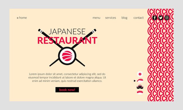 Modello di pagina di destinazione del ristorante giapponese piatto con cibo tradizionale