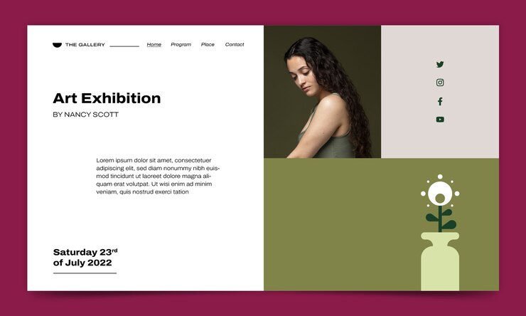 Vettore gratuito modello di pagina di destinazione dell'evento di mostra d'arte piatta
