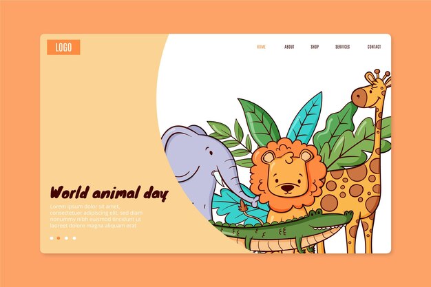 Modello di pagina di destinazione della giornata mondiale degli animali disegnato a mano