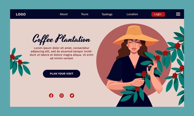 Modello di pagina di destinazione della piantagione di caffè disegnato a mano
