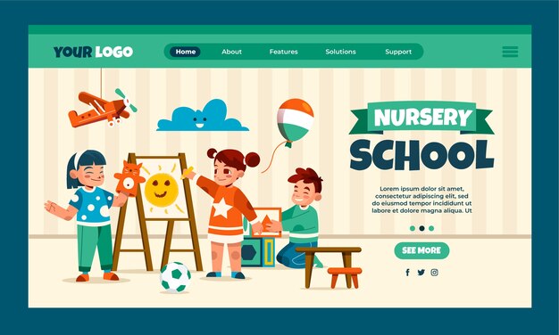 Modello di pagina di destinazione della scuola materna piatta
