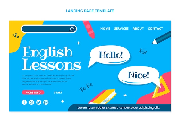 Modello di pagina di destinazione delle lezioni di inglese disegnate a mano