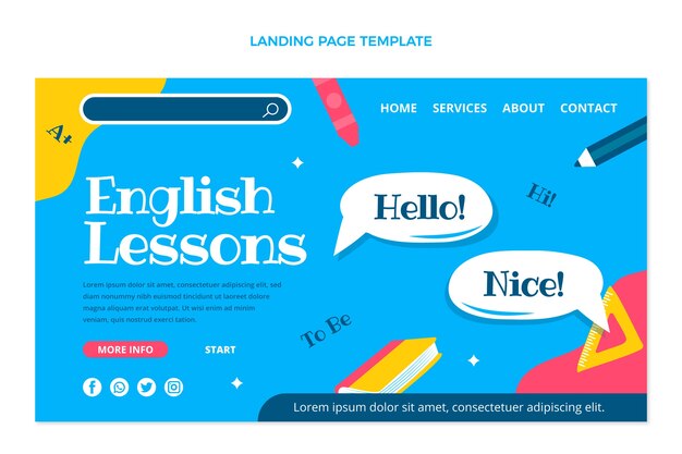 Modello di pagina di destinazione delle lezioni di inglese disegnate a mano
